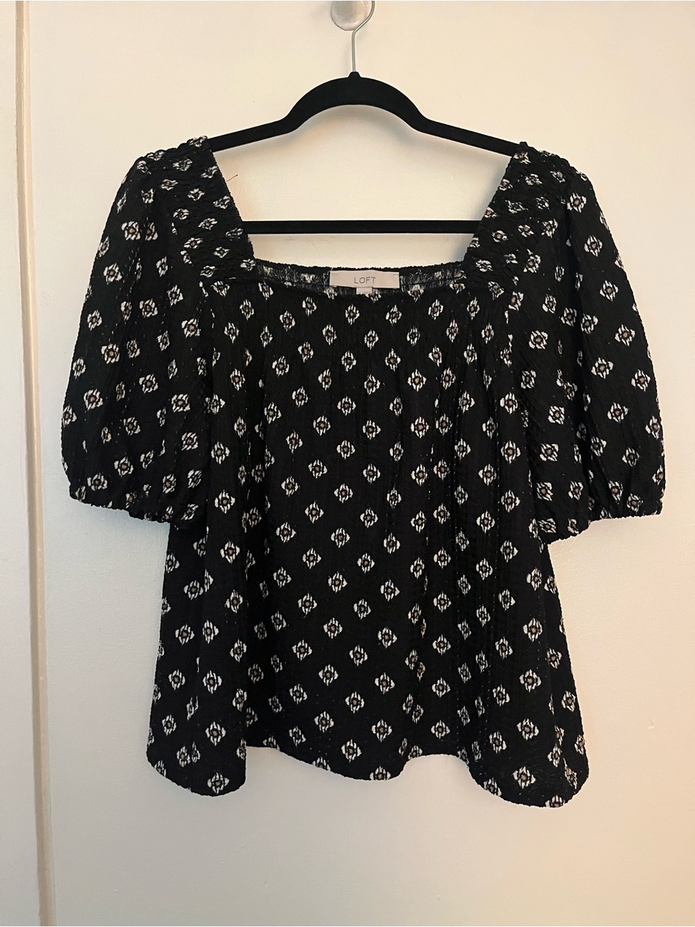 LOFT Black Square-Neck Puff Sleeve Blouse with White Print